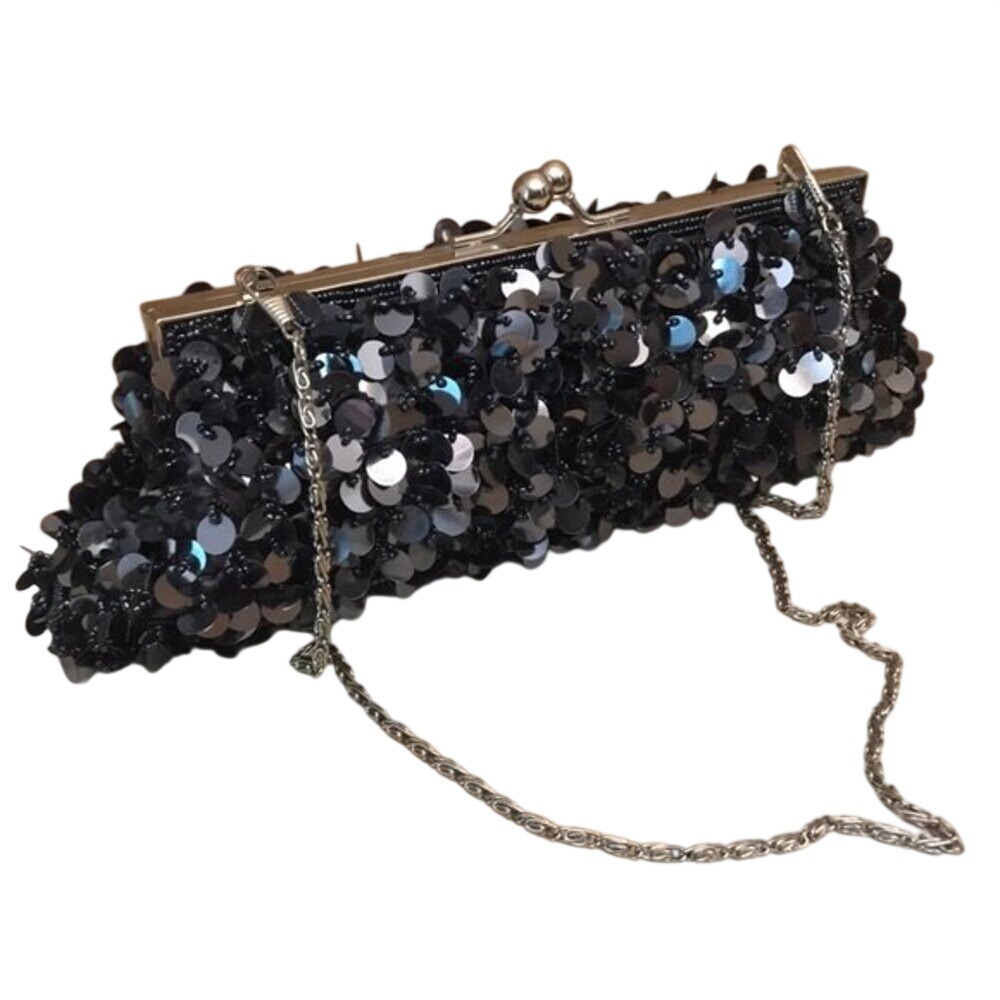Vintage Y2K black sequin beaded clutch cocktail purse evening bag with chain